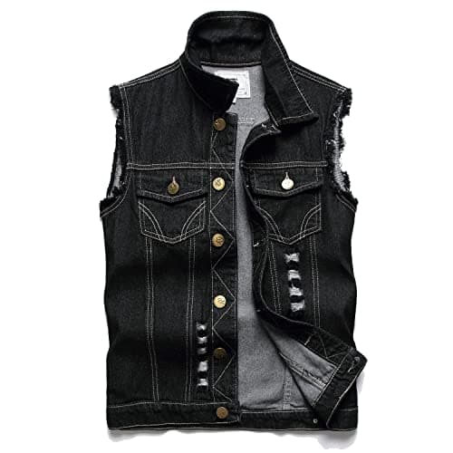 JUDIGODR Denim Vest Men Lapel Sleeveless Slim Fit Retro Ripped Casual Black Jean Vest and Jacket for Men's (M,813Black)