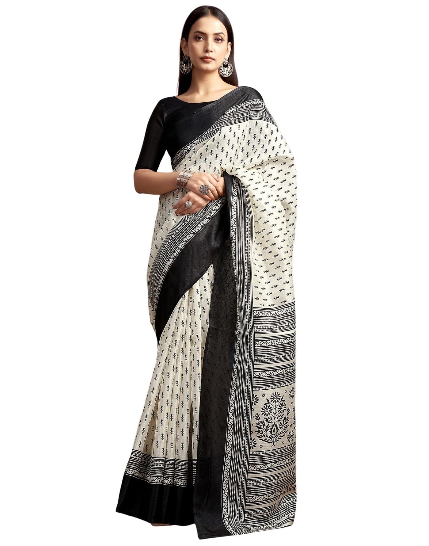 SIRIL Women's Cotton Printed Saree with Unstitched blouse Piece (3999S122_off White & Black)