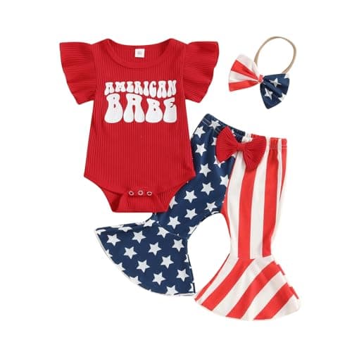 Kuriozud Newborn Baby Girl 4th of July Outfit Ruffle Romper American Flag Flare Pants Set Infant Fourth of July Summer Clothes American babe red 03 Months