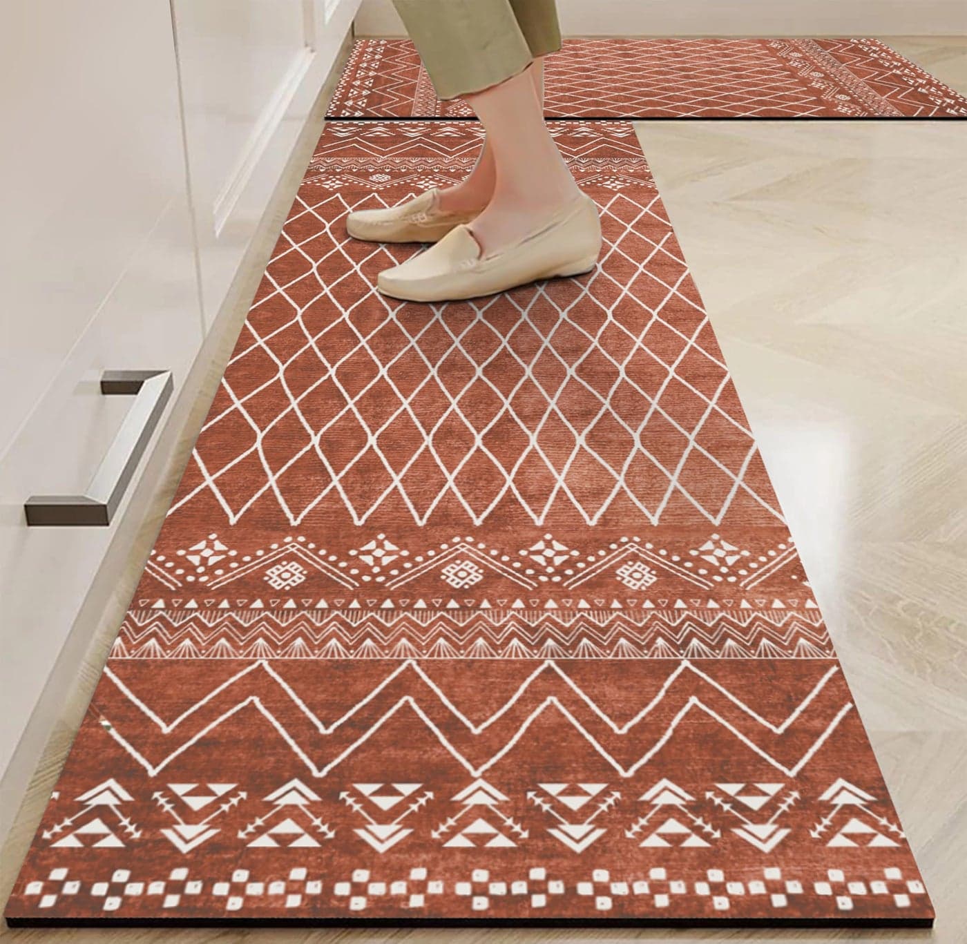 Yellow Weaves– Non-Slip Kitchen Floor Mats, Water Absorbent, Rugs,Standing Rubber Mats for Kitchen, Office, Sink and Laundry Room, Geometric Orange (Pack of 2)