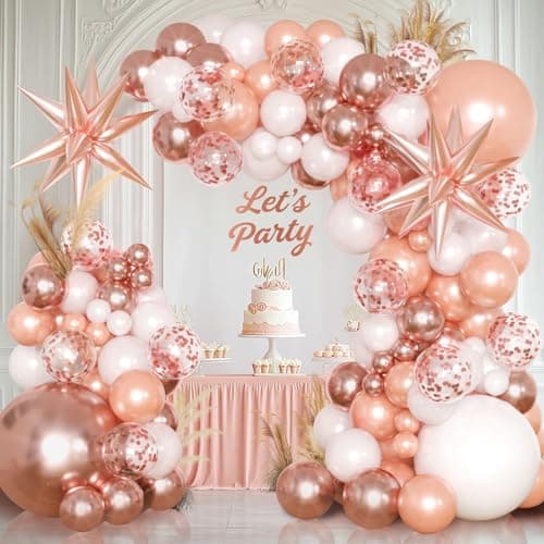 KARLURE Rose Gold Balloons Garland Arch Kit,Metallic Rose Gold White Balloons for Baby Shower Women Girls Birthday Party Bridal Shower Bachelorette Party Engagement Wedding Party Decorations