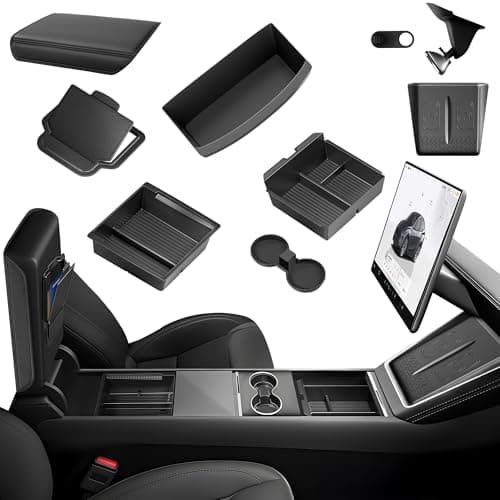 TSLDRV 10PCS Center Console Organizer for Tesla New Model Y Juniper Premium Performance Under Seat Storage Armrest Cover Hidden Storage Charger Pad for Tesla Model Y Accessories 2025 2026 Black