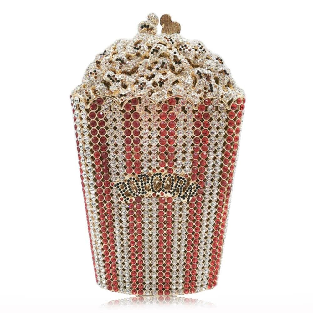 DJBM Luxury Women Popcorn Rhinestone Evening Bag Funny Crystal Handbag Novelty Diamond Clutch Purse for Evening Party Prom Red