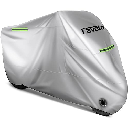 Favoto Motorcycle Cover Waterproof Outdoor - Cool Silver Color UV Protection with Reflective Strip Windproof Buckle Lock-Hole Storage Bag Fit 104 inch Vehicle Motorbikes