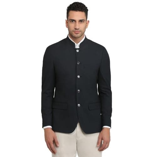 Raymond Men Regular Fit Solid Pattern Poly Viscose Blend Stand Collar Full Sleeve Festive Jacket Dark Blue