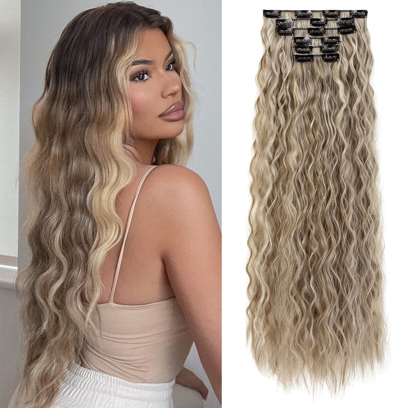 Flufymooz Clip In Hair Extensions6PCS Hair Extensions Long Mermaid Waves Wavy Synthetic Clip On Hairpiece For Women 24 Inch Ash Brown with Blonde Highlights