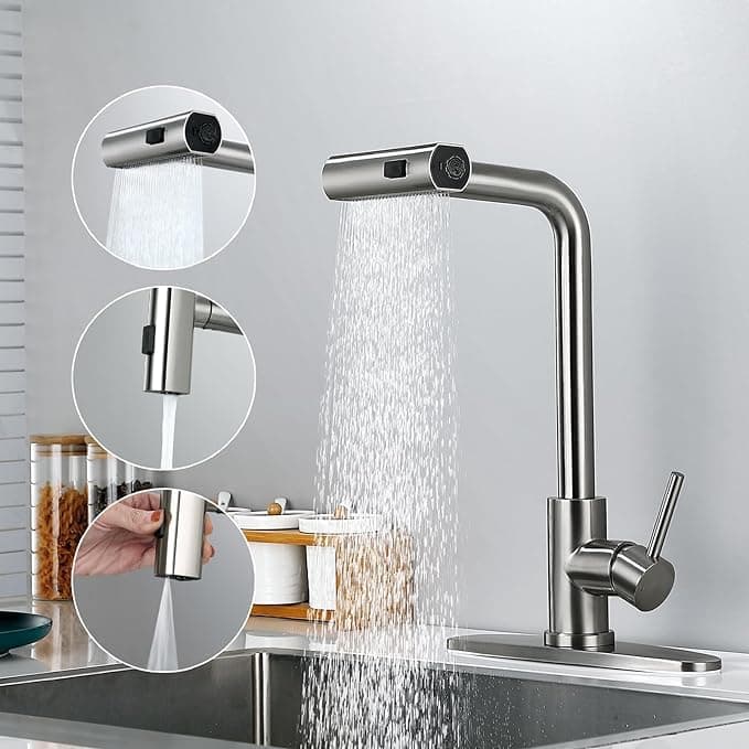Deoxys Waterfall Kitchen Mixer Tap Stainless Steel Sink Taps Mixer with 3 Functions 360 Swivel Single Handle Kitchen Tap 1 Hole Kitchen Faucet