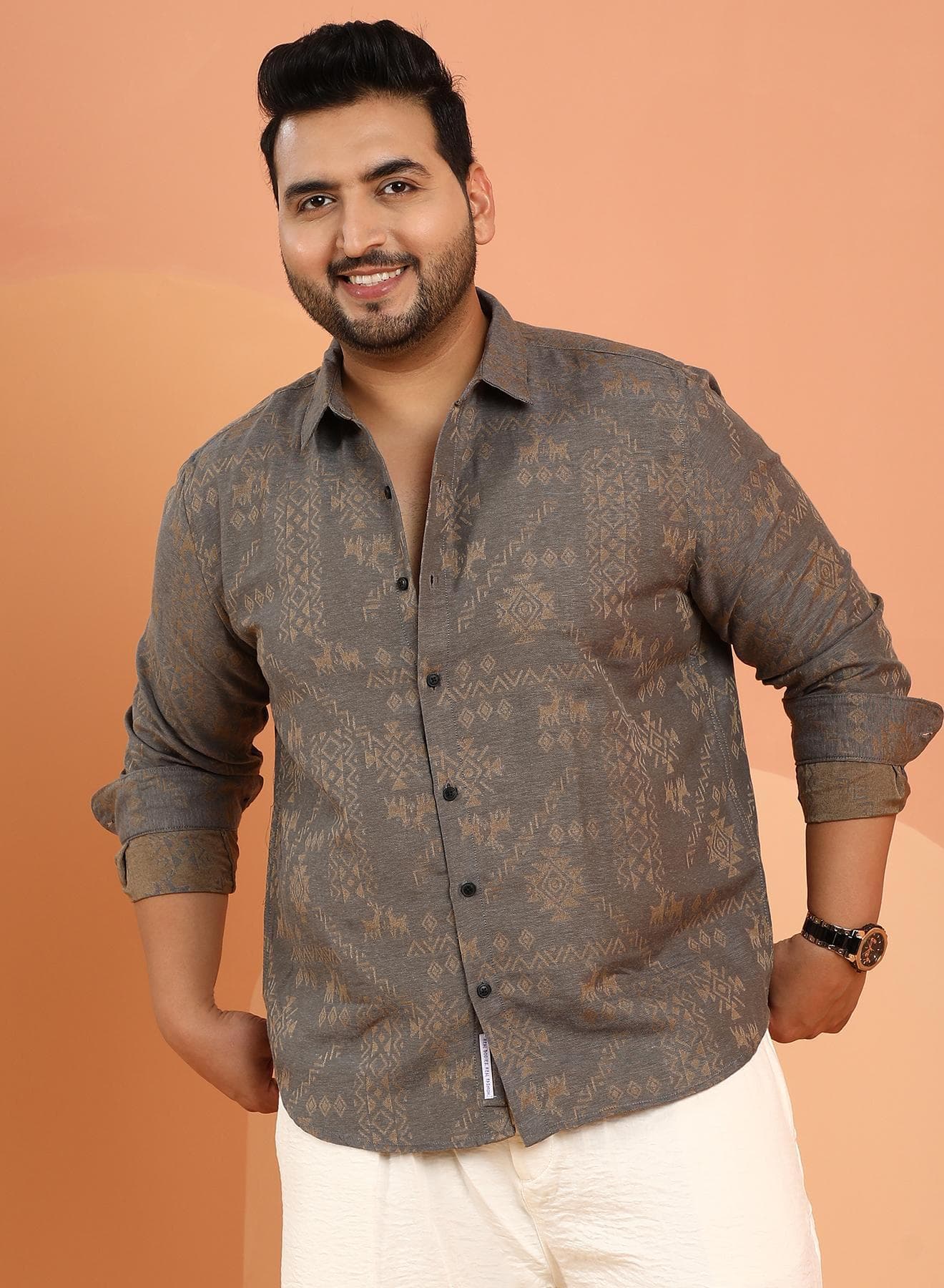 Instafab Plus Men's Moon Grey Ethnic-Motif Woven Shirt For Casual Wear | Spread Collar | Long Cuffed Sleeves | Button Closure | Plus Size Shirt Crafted With Comfort Fit For Everyday Wear