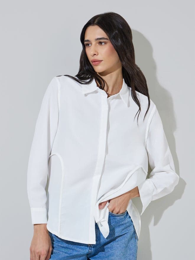 Styli White Longline Shirt with Concealed Placket — S