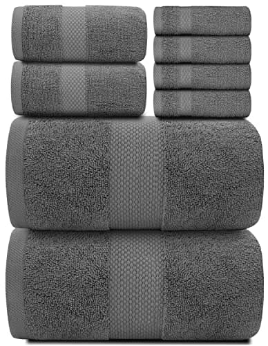 White Classic Luxury Bath Towel Set of 8 Pieces 100 Turkish Cotton Highly Absorbent Towels for Bathroom 2 Luxury Bath Towels 700GSM 2 Hand Towels 4 Washcloths Dark Gray