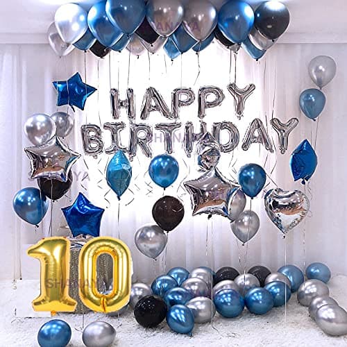 SHANAYA Happy Birthday Decorations For Girls Boys Husband Wife Combo Items Kit -52Pcs Set Happy Birthday Foil Balloons Silver Blue Black Metallic Balloons Star Heart Number 10 Foil Baloons Party Supplies