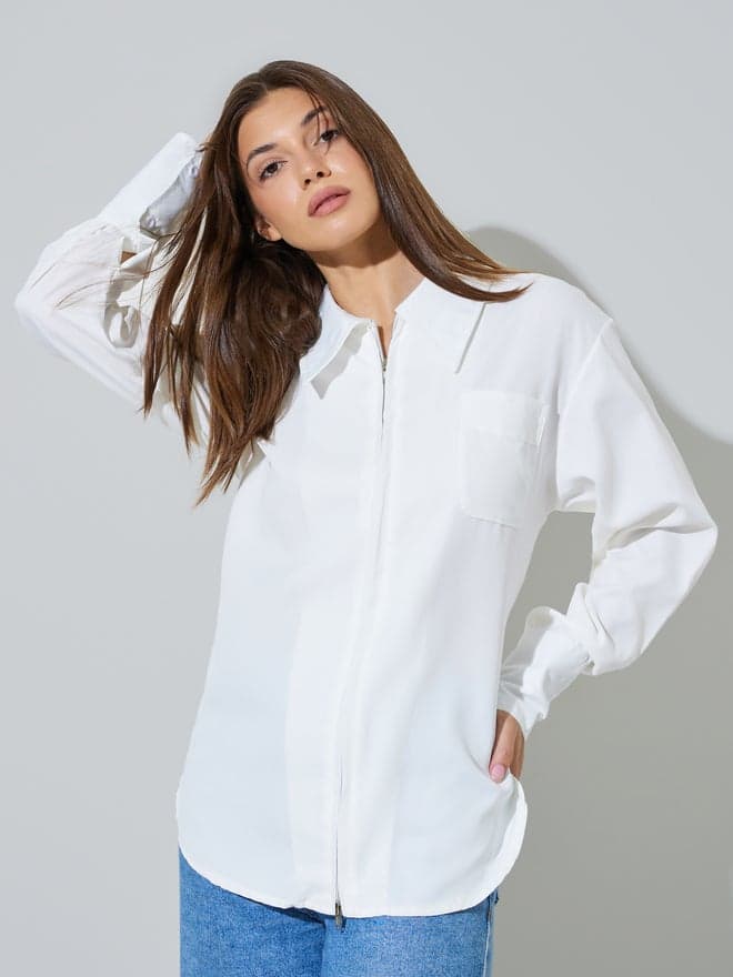 Styli White Zip-Up Longline Shirt