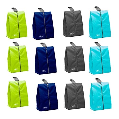 Lify Shoe Storage Organizer Bags Set, Water-Resistant Nylon Fabric with Sturdy Zipper for Traveling (12 Piece Pack) (Navy Blue3 + Aqua Blue3+ Grey3 +Florescent3)