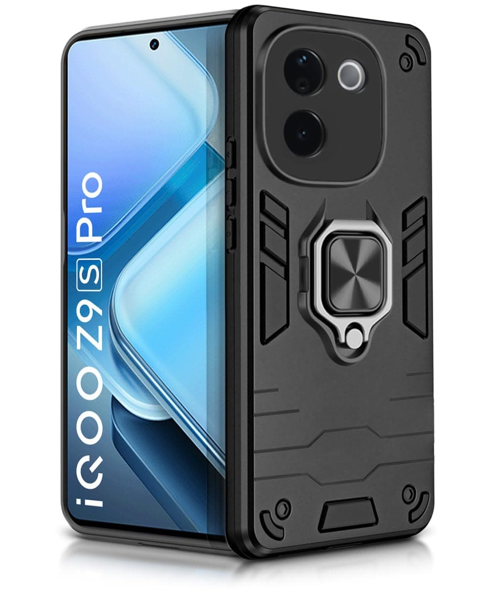 WOW IMAGINE Shock Proof Back Case Mobile Cover for iQOO Z9s Pro 5G | Vivo T3 Pro 5G | Back Cover Case (Tough Armor | Hybrid PC + TPU | Ring Holder & in-Built Kickstand | Black)