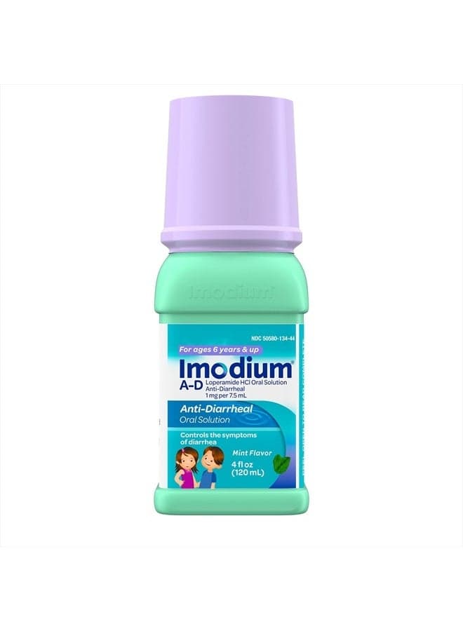 A-D Children's Liquid Anti-Diarrheal Medicine with Loperamide Hydrochloride for Diarrhea Symptom Treatment & Control for Kids, Mint Flavor, 4 fl. oz