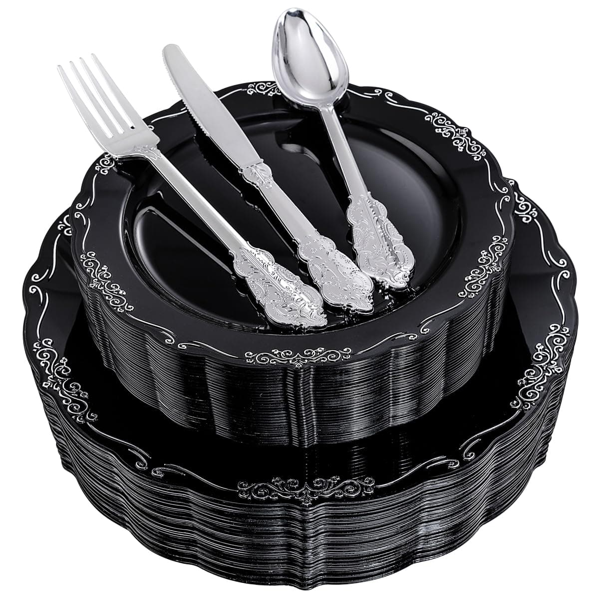 DaYammi 150 Pcs Black Silver Plastic Plates Silver Plastic SilverwareBlack silver Disposable plates for Include 30 Dinner Plate30 Dessert Plate30 Knives30 Forks30 Spoons for Party Wedding