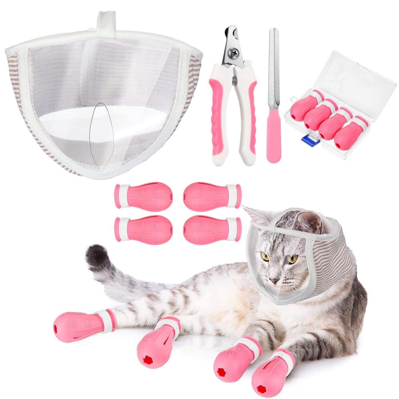 LEIFIDE 7 Pcs Cat Muzzle for Grooming Including 1 Muzzle Bathing 4 Boots 2 Nail Clippers Trimmer Breathable Anti Bite Mask Shoes for Cats Anti Scratch Paw Covers for Pet Grooming Shaving Bathing