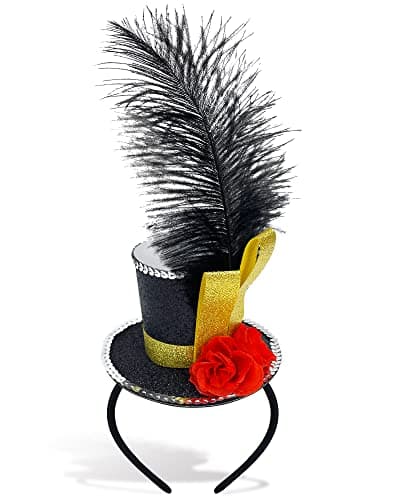 Black Mini Top Hat Headband Fascinator Ostrich Feather Top Hat for Ringmaster Circus Costume Accessories Party Derby Tea Party Halloween Carnival Mardi Gras Xmas