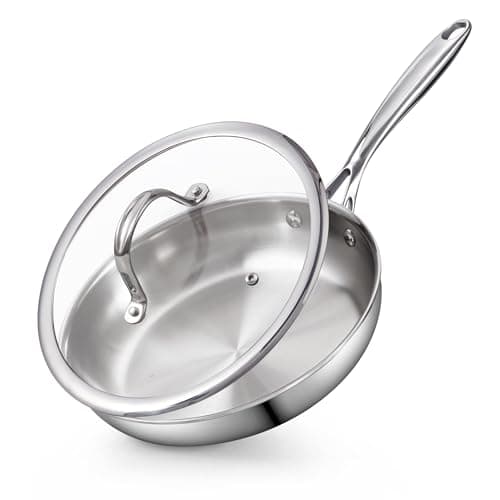 Cooks Standard MultiPly Clad 8Inch Stainless Steel Frying Pan with Glass Lid Egg Omelet Pan Small Wok Stir Fry Pan Skillet StayCool Handle Induction Compatible Cookware Dishwasher Oven Safe