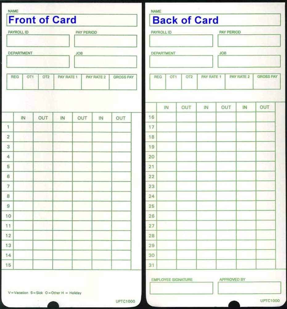100 Time Cards for uPunch HN3000 AutoAlign Time Clock uPTC10001 fits HN1000 HN1500 HN3000 HN3500 HN3540 UB1000 NonCalculating Compatible