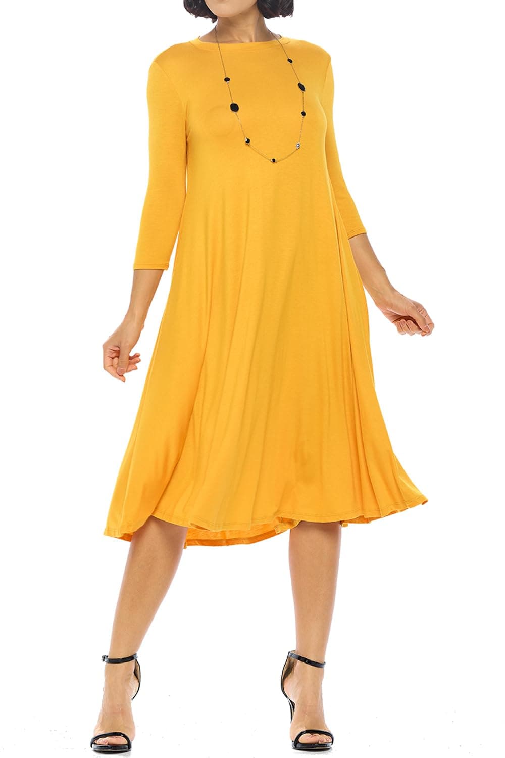 iconic luxe Women's Swing Midi Dress – 3/4 Sleeve Flowy A-Line Tunic – Soft, Stretchy, Comfortable, and Versatile Casual Dress for Everyday Wear Small Mustard
