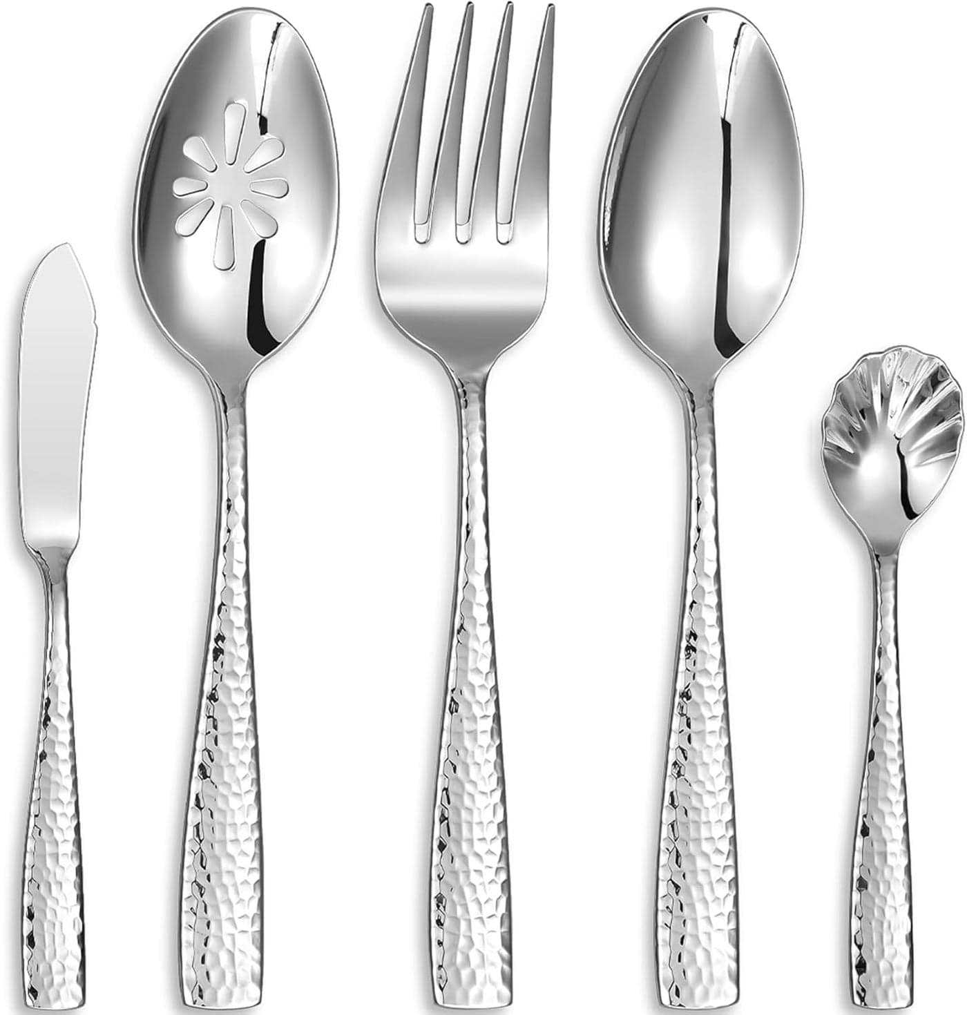 KEAWELL Premium Louis Hammered Serving Utensils 1810 Stainless Steel Squared Edge Design Mirror Finish Dishwasher Safe Hostess Serving Utensil Set