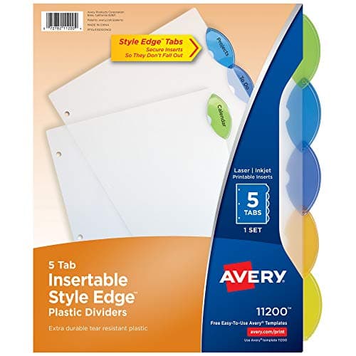 Avery Insertable Style Edge Plastic Dividers for 3 Ring Binders 5Tab Sets Multicolor 24 Sets 120 Divider Tabs 11200