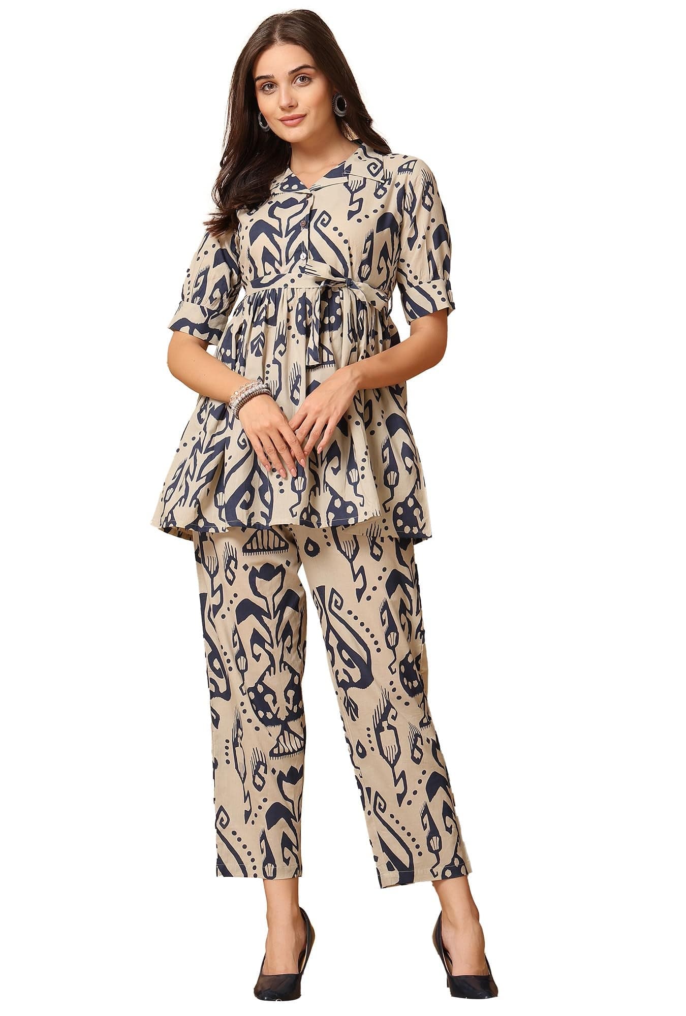 Pistaa's Women Ivory Printed Blue Baroque Pure Cotton Co-Ord Set (Small, Blue)