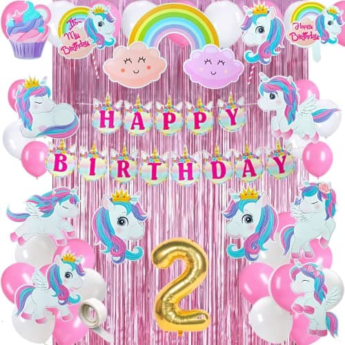 FI - FLICK IN 50 pcs 2nd Birthday Decoration for Girls Kit Unicorn Theme Banner Decorations Items Pink Curtain Unicorn Cutouts 2nd Birthday Decoration for Baby Girl (Pack of 50,Pink & White)