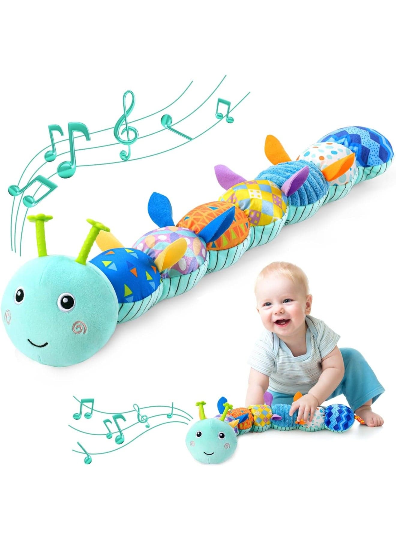 Baby Toys Musical Caterpillar, Infant Toys Stuffed Animal Toys with Ruler Design and Ring Bell, Baby Teething Toys-Blue