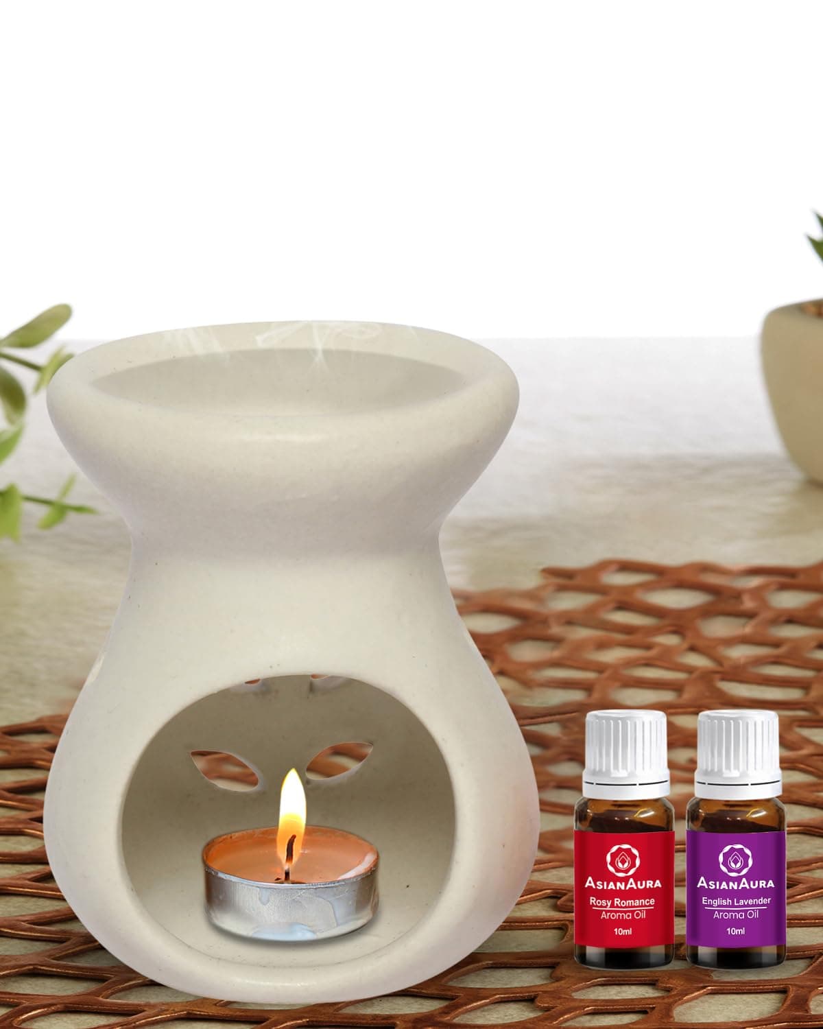 Asian Aura Ceramic Candle Diffuser| Aromatherapy | 2-10 ml Aroma Oil Fragrance Rosy Romance & English Lavender 1 Tea Light Candle |Aroma Oil Burner |Home Fragrance |Home Decor (Dark White Round)