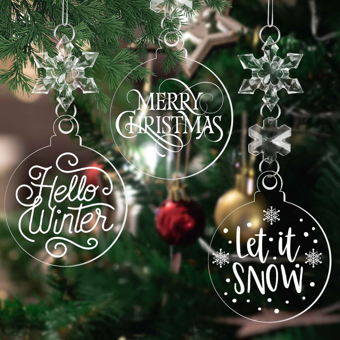 24 Pack Christmas Tree Ornaments Set 3 Inch Clear Acrylic Flat Disc Ornaments DIY Christmas Crafts with Transparent Crystal Snowflakes for Xmas Winter New Year Party Hanging Decorations