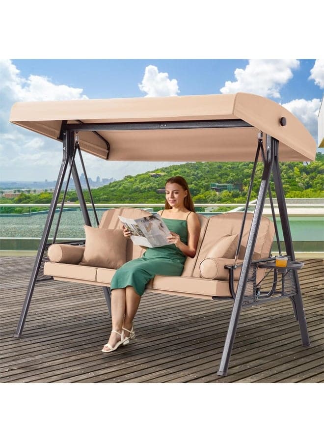 3 in 1 Outdoor Porch Swing with Adjustable Canopy, 3 Seat Outdoor Swing for Adults, Patio Swing Chair with Thickened Cushions,Pillows & Cup Holders for Backyard, Porch, Garden (Khaki)