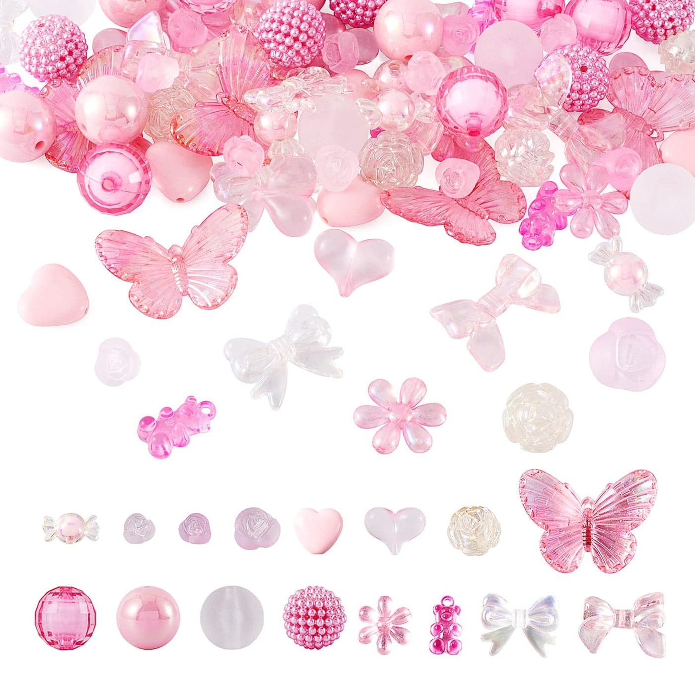Beadthoven Pink Acrylic Assorted Beads Set with 20mm Bubblegum Beads Bow Butterfly Flower Heart Candy Beads Pastel Cute Plastic Bead Spacers for DIY Bracelet Necklace Jewelry Making 70PCS