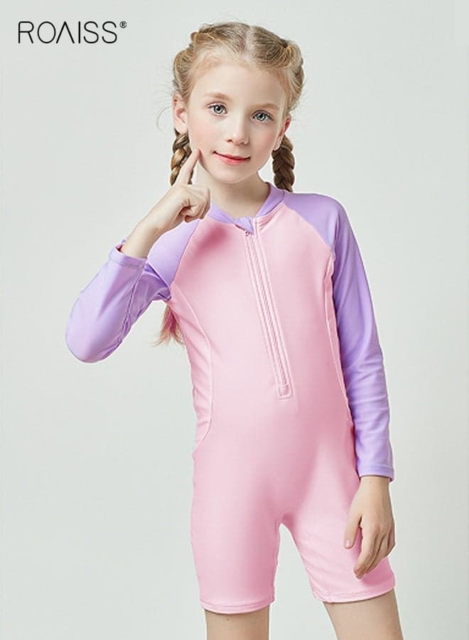 Girls One Piece Swimsuit, Quick-dry Long-sleeved Wetsuit with Front Zipper, UPF 50+ Sun Protection Swimsuits for Girls, Made of Comfortable Elastic Fabric, Suitable for Diving, Surfing and Swim Lessons and Various Water Sports