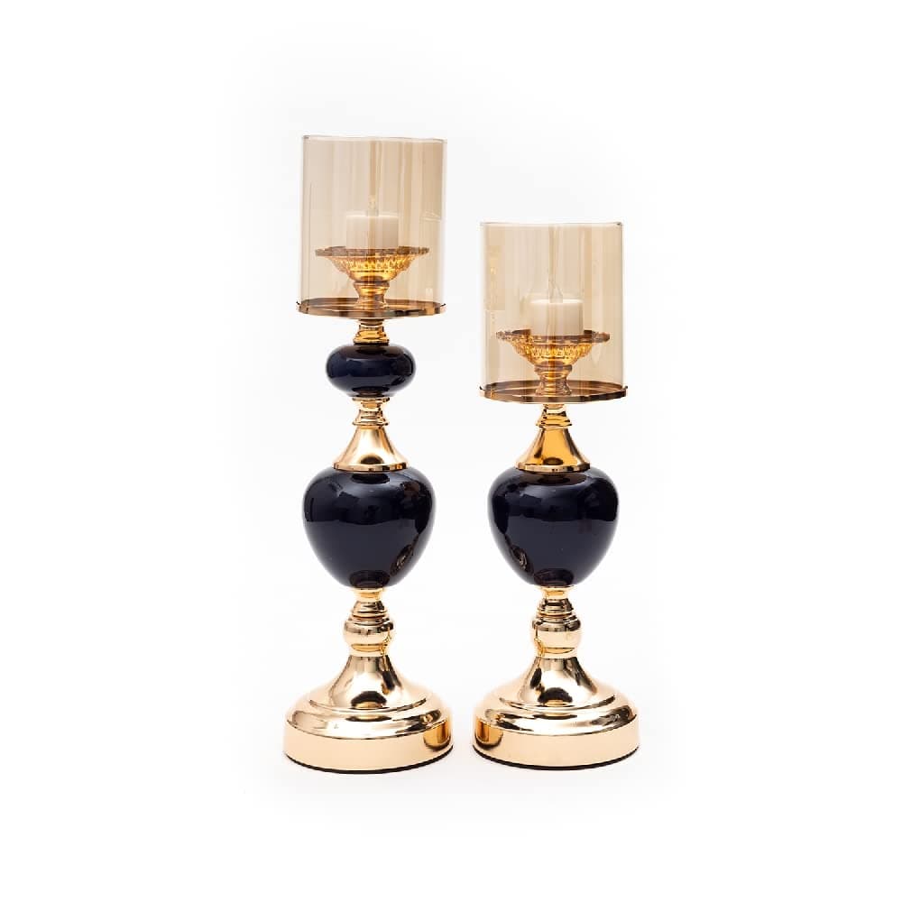 EZ Life Sylvia Metal Black Stone Candle Stand Set with Champagne Glass Hurricane Candle Shades 2 Different Sizes in 1 Setfor Home Dcor Centre Table Living Room Decorative Centerpiece for Party