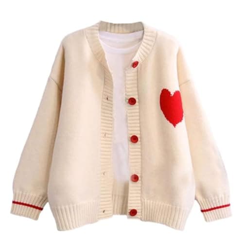FindThy Women's Cute Cardigan Sweater Kawaii Love Heart Print Y2K Button Knitted Outerwear(0335-Beige-S-LB)