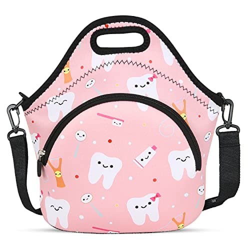 Violet Mist Neoprene Thermal Insulated Lunch Bag Tote for Women, Soft Large with Extra Pocket, Adjustable Shoulder Strap, Pink Teeth