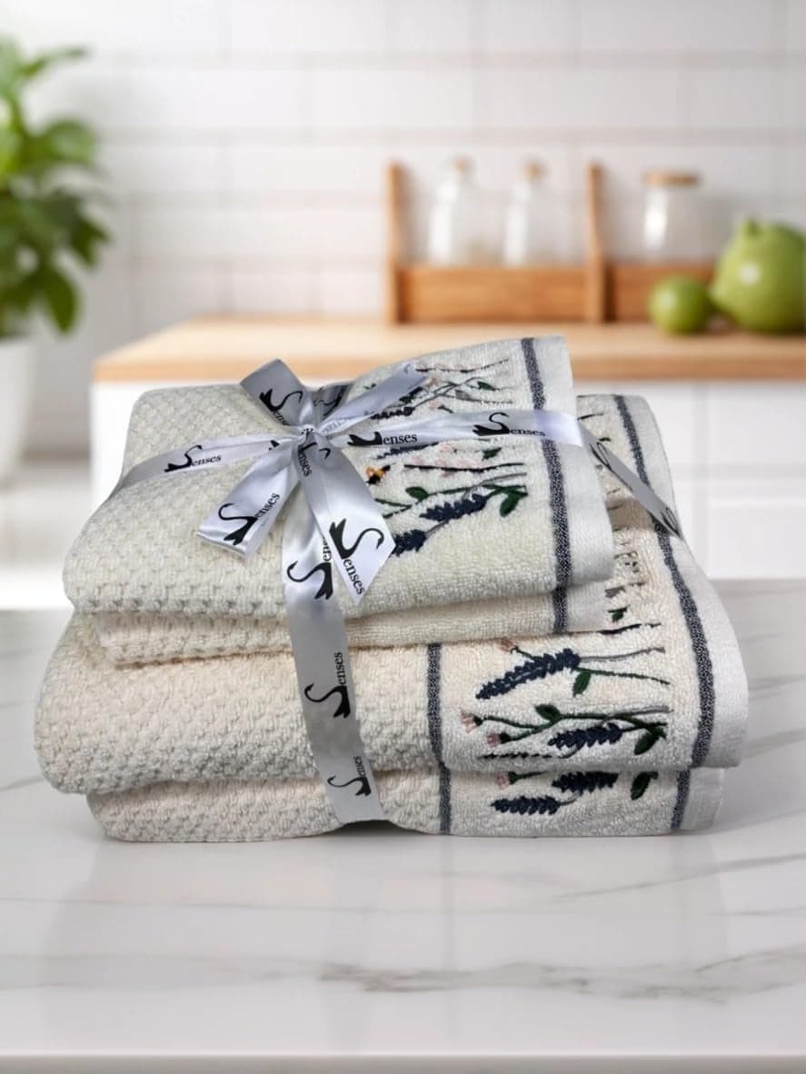 SENSES By Riba Cotton Embroidered Towel Set, 550 GSM Soft & Absorbent, Antimicrobial, Oeko-Tex Certified | Ideal for Home & Gifting, Pack of 4 (2 Bath 27"X50" + 2 Hand Towels 16"X26") - Style 18