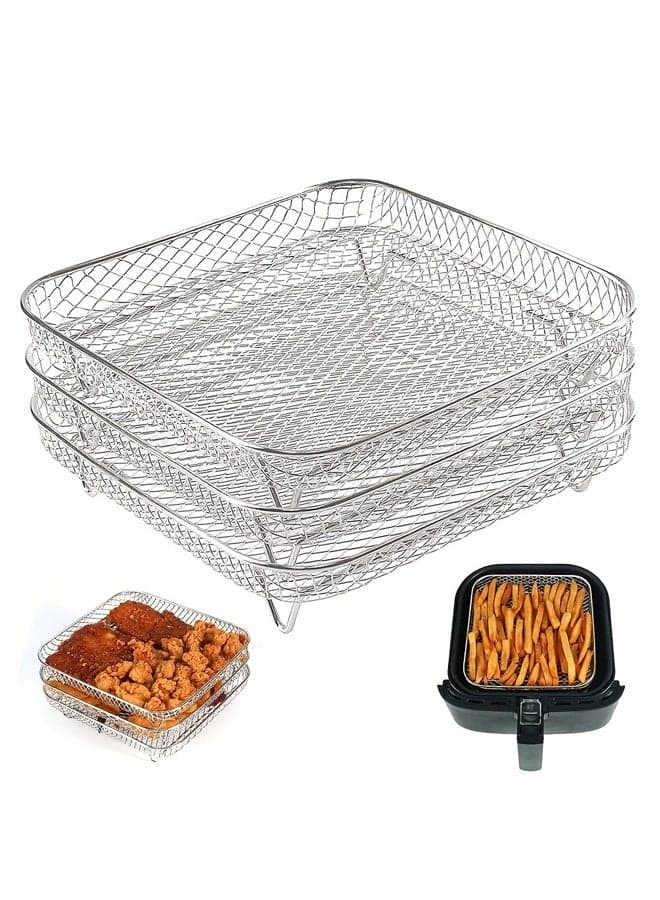 8 inch Square Air Fryer Rack, Set of 3, Stackable Multi-Layer Stainless Steel Dehydrator Rack, Square Air Fryer Accessories Fit Air Fryers, Oven, Microwave, Baking ,20*20*9cm