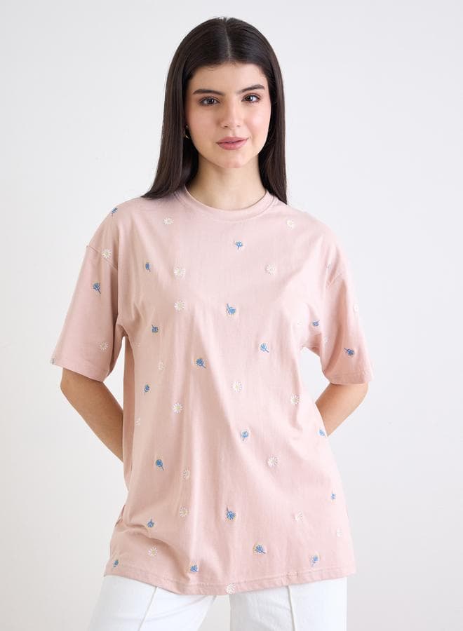 Styli Light Pink Embroidered Oversized T-Shirt — XL