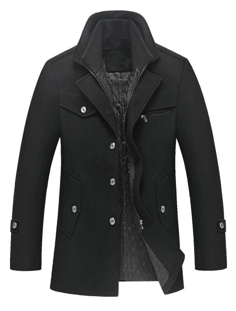 Lavnis Mens Winter Wool Coats Slim Fit Single Breasted Trench Jacket Woolen Pea Coat Black M