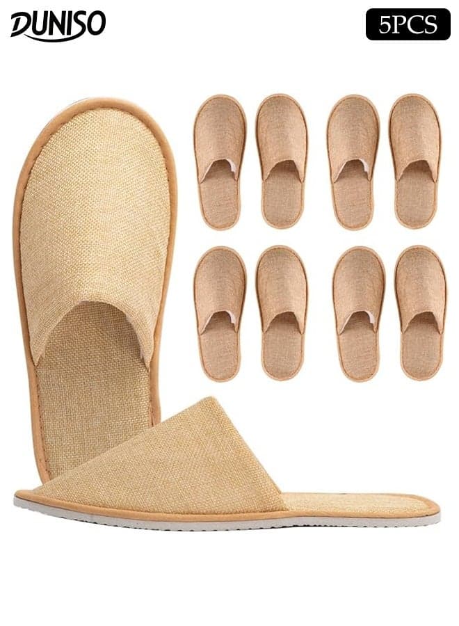 5Pair Linen Portable Travel Slippers Non-Slip Closed Toe Linen Disposable Guest Slippers Ultra Soft Lightweight Household Use Travel Slippers for Travel, Party Guest, Hotel and Spa