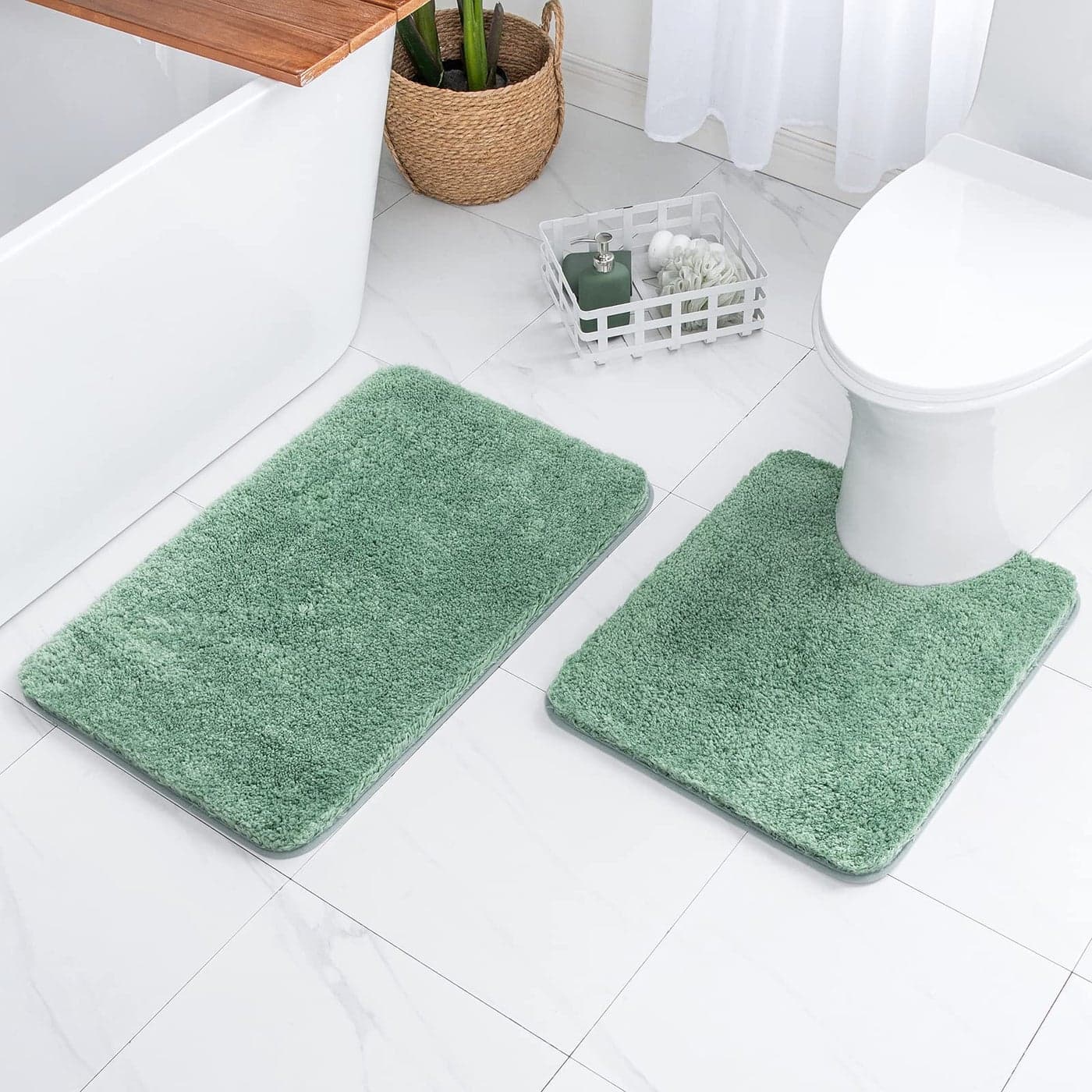 MIULEE Microfiber Bathroom Rugs and mats Sets 2 Pieces Extra Thick Non Slip Bath Mat and UShaped Contour Toilet Rug for Bath Room Floor Restroom 20x3020x24 Sage Green