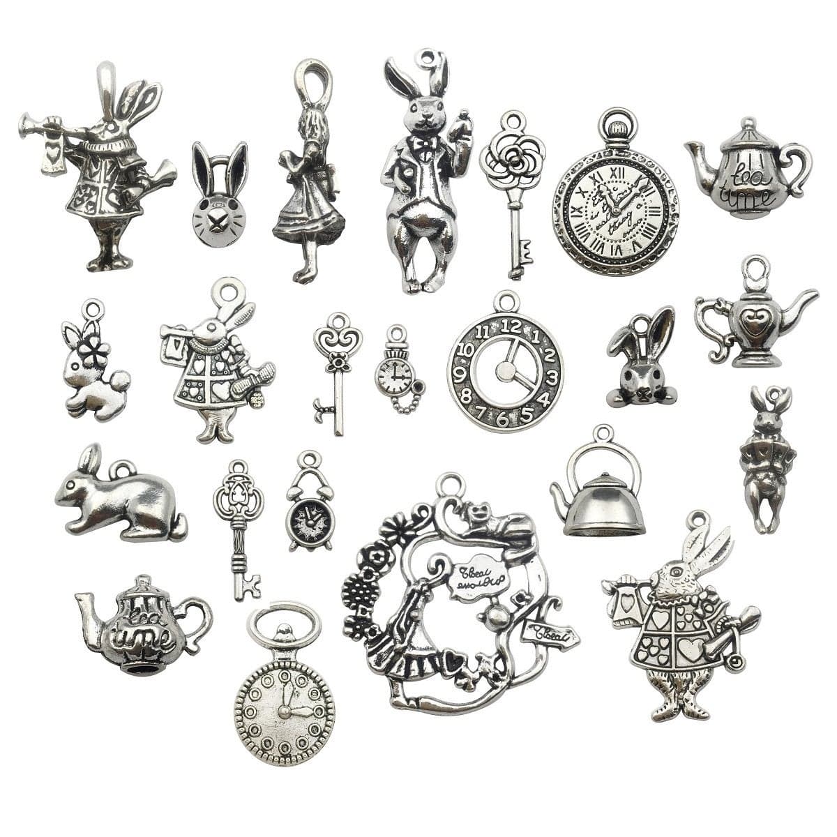 iloveDIYbeads 40pcs Antique Silver Alice in Wonderland Fairy Tales Tea Party Steampunk Victorian Charms for Jewelry Making (M077)