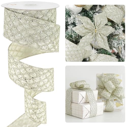HUIHUANG Champagne Glitter Wired Ribbon for Christmas Tree 25 inch Light Champagne Diamond Mesh Ribbon for Tree Decoration Wreaths Garland Gift Wrapping Bows Making Home Decor 10 Yards