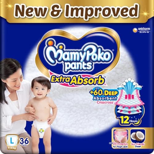 MamyPoko Pants Extra Absorb Baby Diapers, Large (L), 36 Count, 9-14 kg