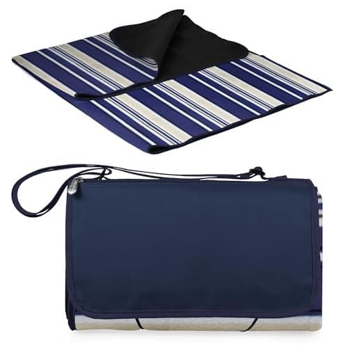 ONIVA Blanket Tote XL Outdoor Picnic Blanket, 70"x80" Foldable Beach Blanket with Fleece Top, Water-Resistant Backing, Strap & Pocket, Portable Mat for 4-5 People by Picnic Time (Blue Stripe/Navy Flap)