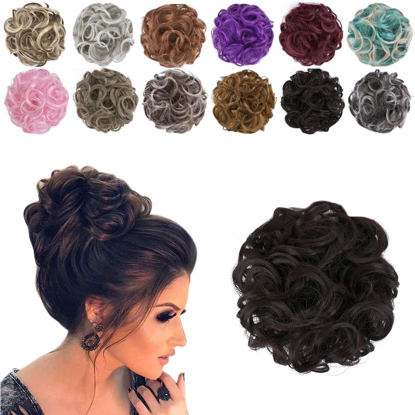 Elaine Hair Buns Hair Piece Messy Tousled Wavy Curly Scrunchies Wrap Ponytail Extensions With Elastic Rubber Band Synthetic Donut Updo Hairpieces for Women Girls Dark Brown 98