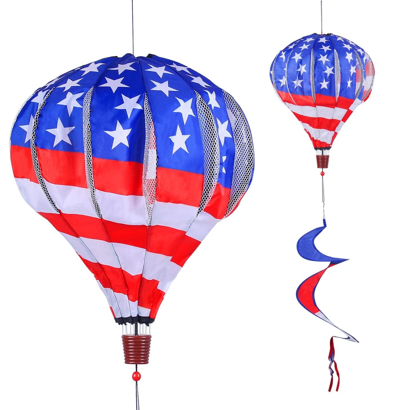 BATTIFE 2Pcs Patriotic Hot Air Balloon Wind Spinner American Flag Kinetic Wind Twister with Tail Outdoor Spiral Windmill Garden Yard 4th of July Hanging Decoration